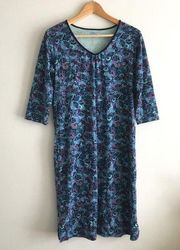 LLBEAN Floral Print Shift Dress 100% SUPIMA COTTON V Neck Blue‎ Womens Si…