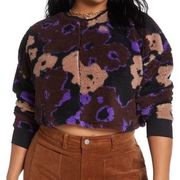 New  Floral Print Sherpa Fleece Cropped Sweatshirt Black Brown Purple