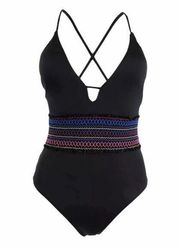 NEW Macy’s Bar III Smocking Solids One Piece Plunge Swimsuit Black Colorful - L