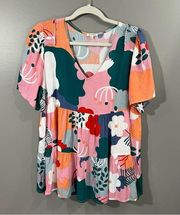 JODIFL Tiered babydoll Short Sleeve V Neck Floral Top Women's Size L