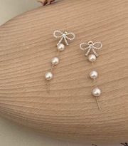 Elegant Bow White Pearl Dangle Drop Earrings for Women