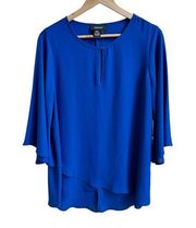 Karen Kane Bright Blue 3/4 Flared Sleeve Keyhole Neck Women Size L Tunic Blouse