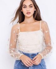 Le Lis Shining Star Mesh Bodysuit Quarter Length Sleeves Sheer Cream Champagne