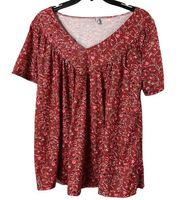 Misslook Shirt Women Small Red Multi-Color Floral Print V-Neck Short Sleeve Poly