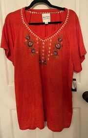 New York Laundry Women's Blouse Tunic Plus Size 3X Red Colorful Embroidery NEW