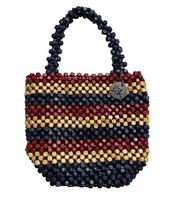 THE SAK Montara Wood Hand-Beaded Small Tote Red Blue Tan New