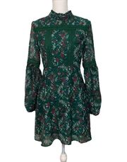 NWT Medium Dark Green Floral Crochet Mini Skater Dress Long Balloon Puff Sleeve New