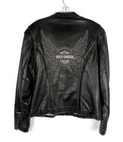 Black Soft Leather Zip Front Studded Angel Wing Logo Jacket