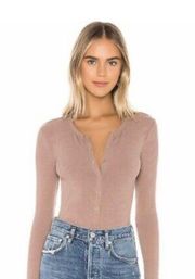 Bodysuit Tan Ribbed Long Sleeve Snap Front Top