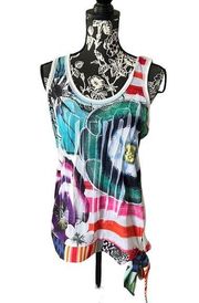 Desigual Womens floral Tank Top Colorful Tie Bottom Boho Large