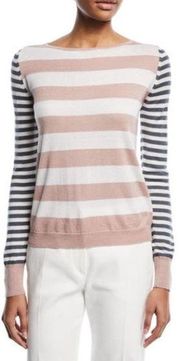 MaxMara Marica Boat Neck Striped Silk Cashmere Sweater Pink Gray Size XS