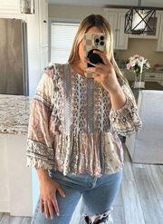 American Eagle Boho Paisley Tassel Blouse Balloon Sleeve Multicolor Women's L