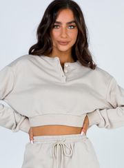 Rise & Lounge Cropped Henley Sweatshirt in Beige