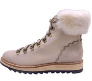 Kate Spade Maira Faux Fur Cuff Cream Leather Lace Up Suede Scallop Ankle Boot