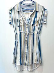 NWT blue island button stripe cover up dress size small drawstring tie