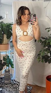 Missguided  Floral Slinky Buckle Ruched Midi Dress White Size 4