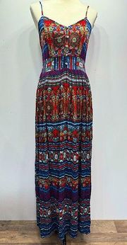 Patrons of Peace Red Blue Yellow Boho Print Ruched Maxi Sundress Size M