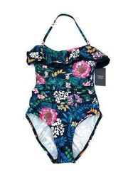 Tommy Hilfiger Ruffle Strapless One Piece Floral Blue Swimsuit Navy 4 NWT $118