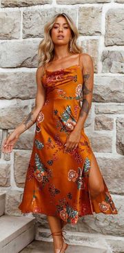 Saints And Secrets Orange Front Split Midi Floral Dress