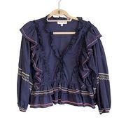 SOMETHING NAVY Blouse L Boho AUDREY Ruffle V Neck Peplum Dolman Cuff Sleeve Blue