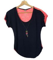 Discreet Navy Blue Neon Pink Lace Back Short Sleeve Blouse S