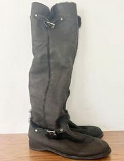 Jimmy Choo Leather Over The Knee Shearling Trim Boots Brown Women's 37.5 / 7.5