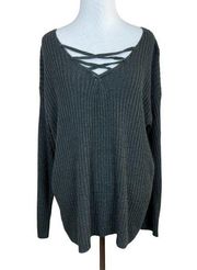 Cozy Casual Sweater M/L Gray Ribbed Knit‎ Criss Cross Long Sleeve Drop Shoulder