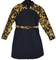 Versace Button Down Belted Shirt-Style Dress with Baroque Garden Print Sleeves