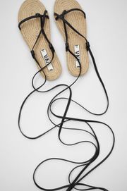 Black Jute Trim Tied Flat Leather Sandals