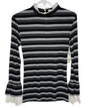 Laundry by Shelli Segal Size Small Ribbed Metallic Stripe Ruffle Neck Sweater