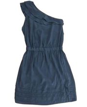 Anthropologie One Shoulder Silk Tiered Ruffle Dress Slate Blue Size Small