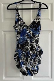 Maxine of Hollywood One Piece Abstract Print Blue Black White Swimsuit Size 14‎