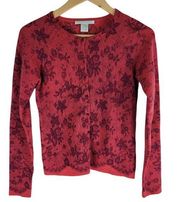 Rebecca Taylor Floral Pearl Button Cashmere Cardigan Red Long Sleeve size M