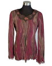 Alberto Makali Top S Small Red Brown Herringbone Pleat Swirl Beaded Floral Neck