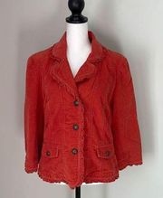 SANDRO Corduroy Jacket Blazer Cotton Red Orange Collar Long Sleeve Ruffle Trim L