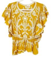 Solitaire Womens Boho Floral Embroidered Peasant Blouse Top Size L Yellow