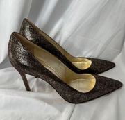 Manolo Blahnik BB 105 Brown and Gold Glitter Pointed Toe Stiletto Heels Size 40