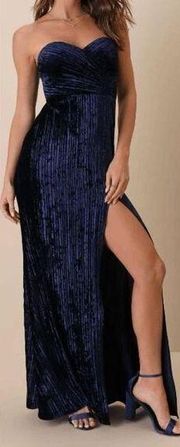 Lulus  Navy Blue Velvet Pleated Strapless Maxi Formal Dress XS