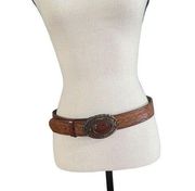 𝅺VINTAGE tooled leather belt with metal and stone belt buckle
