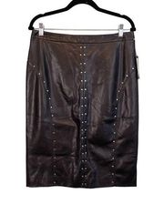 WORTHINGTON Skirt 10 Faux Leather Studded Zip Lined Slit Pencil Black NWT