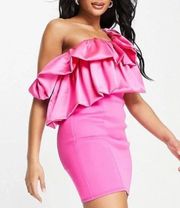 ASOS Design Satin Ruffle One Shoulder Bodycon Mini Dress Hot Pink SIze 2