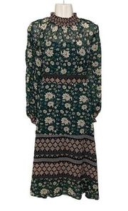 NWT Dark Green Floral Maxi Dress Long Sleeves High Neck Sheer Slip New