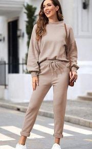 Womens Beige 2 Piece Pullover Sweater and Jogger Pants SweatSuit