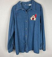 Blair Women's Button Down Shirt Size Large L Blue Denim Long Sleeve Embroidered