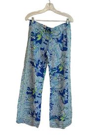 Lily Pulitzer Pull On Wide Leg Blue Green Pattern Pants Size Small