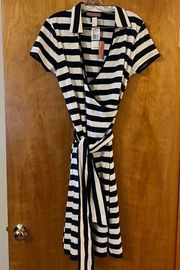 Navy Blue White Striped Wrap Rudder Dress NWT Large MSRP $125