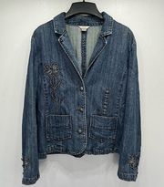 Christopher & Banks Blue Denim Embroidered Flower Button Front Jean Jacket L