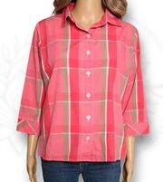 Rebecca Malone Plaid Button Down 3/4 Sleeves Pink & Green Lightweight Size M