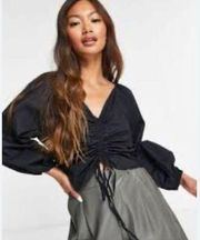 Cece Ruffle Mango ruched front blouse in black