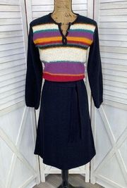 DeJaVu Vintage Striped Knit Fit & Flare Dress Black Multi Medium Long Sleeve